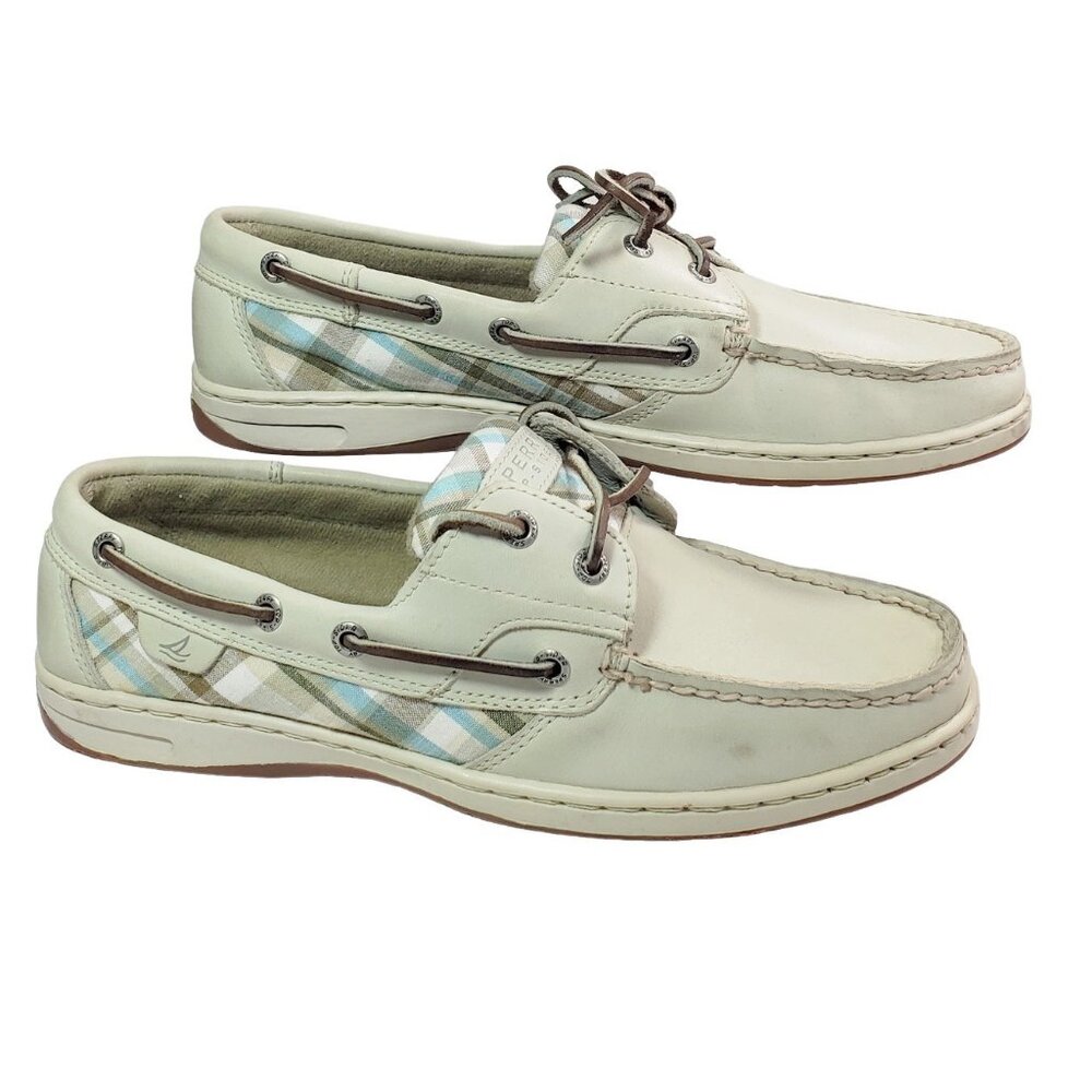 Sperry Top-Sider classic boat shoes, cream tan leather and plaid fabric, size 10
